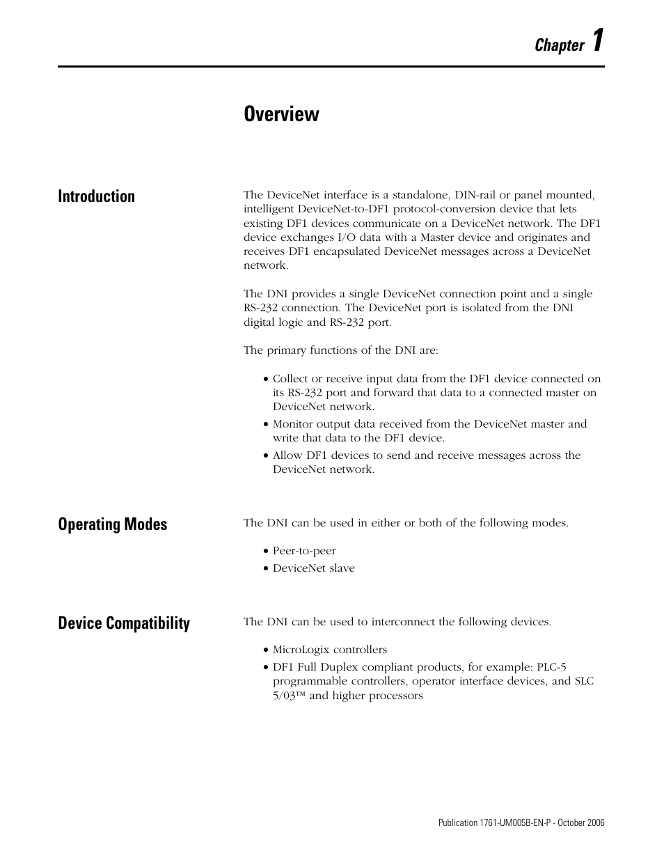 Chapter 1, Overview, Introduction | Operating modes, Device compatibility, Introduction operating modes device compatibility, Chapter | Rockwell Automation 1761-NET-DNI DeviceNet Interface (DNI) User Manual | Page 9 / 100