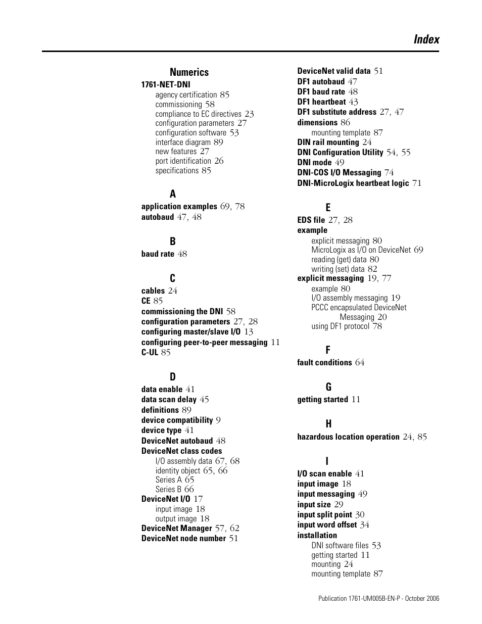 Index, Numerics | Rockwell Automation 1761-NET-DNI DeviceNet Interface (DNI) User Manual | Page 93 / 100