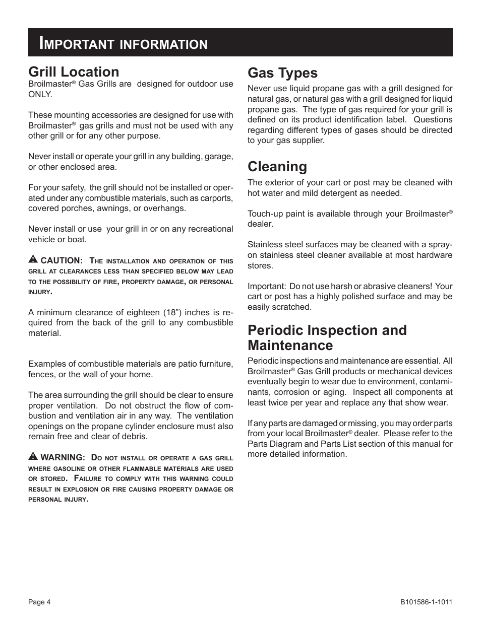 Grill location, Gas types, Cleaning | Periodic inspection and maintenance, Mportant, Information | Broilmaster BL48G-1 User Manual | Page 4 / 20