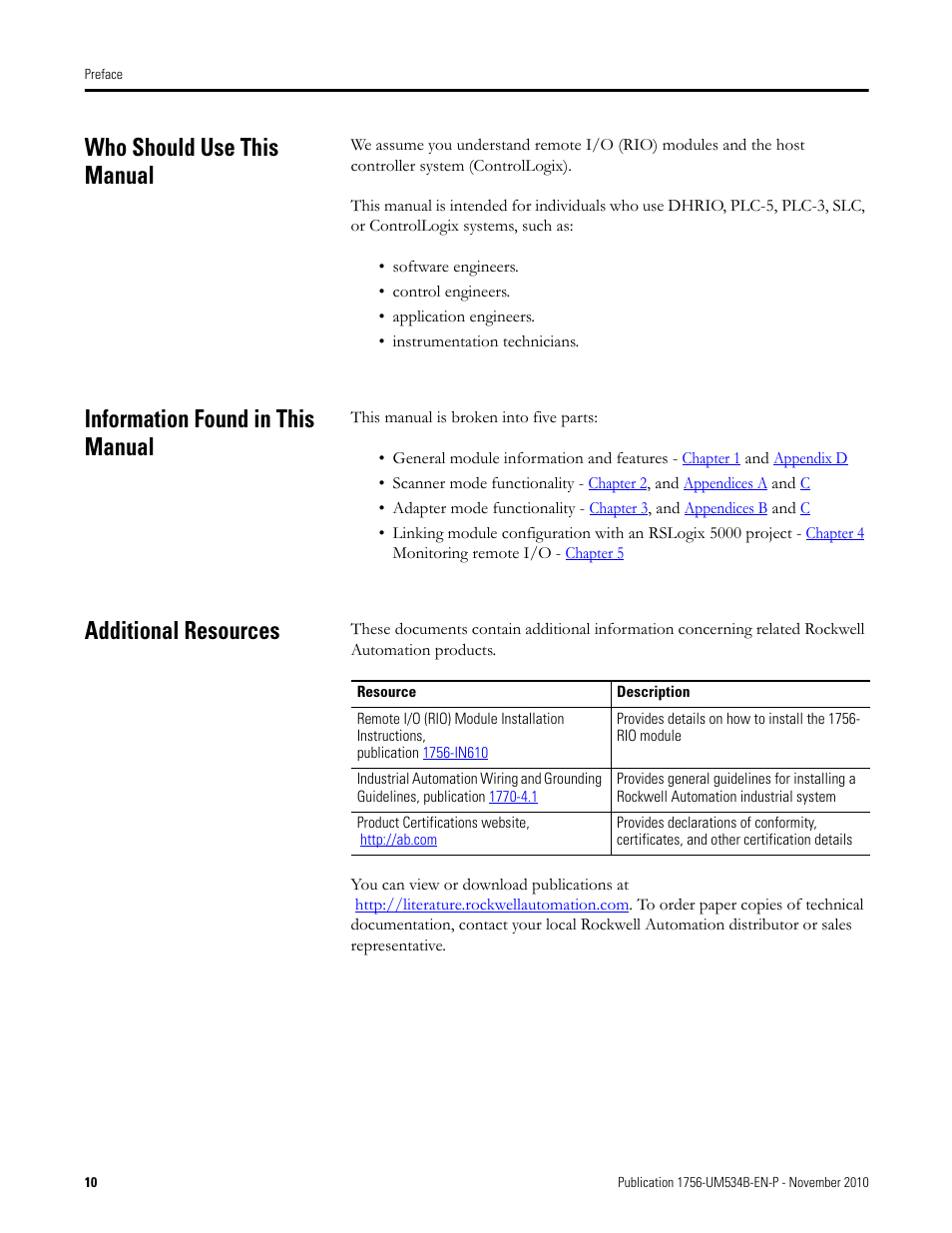 Who should use this manual, Information found in this manual, Additional resources | Rockwell Automation 1756-RIO ControlLogix Remote I/O Communication Interface Module User Manual User Manual | Page 10 / 176