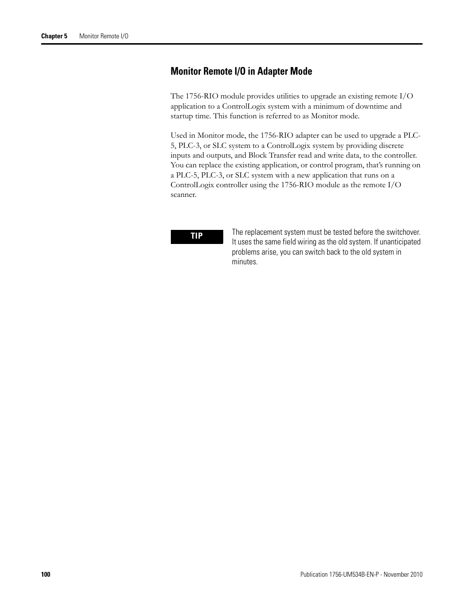 Monitor remote i/o in adapter mode | Rockwell Automation 1756-RIO ControlLogix Remote I/O Communication Interface Module User Manual User Manual | Page 100 / 176