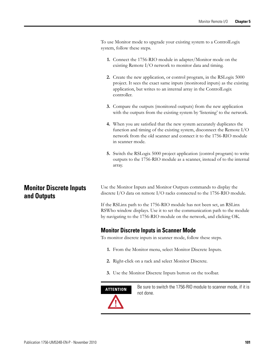 Monitor discrete inputs and outputs, Monitor discrete inputs in scanner mode | Rockwell Automation 1756-RIO ControlLogix Remote I/O Communication Interface Module User Manual User Manual | Page 101 / 176