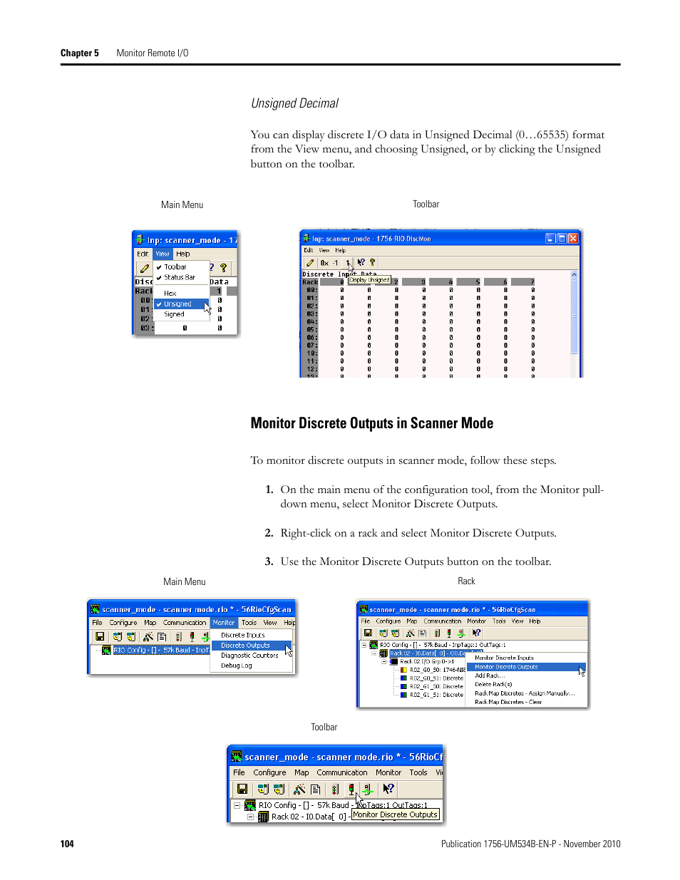 Monitor discrete outputs in scanner mode | Rockwell Automation 1756-RIO ControlLogix Remote I/O Communication Interface Module User Manual User Manual | Page 104 / 176