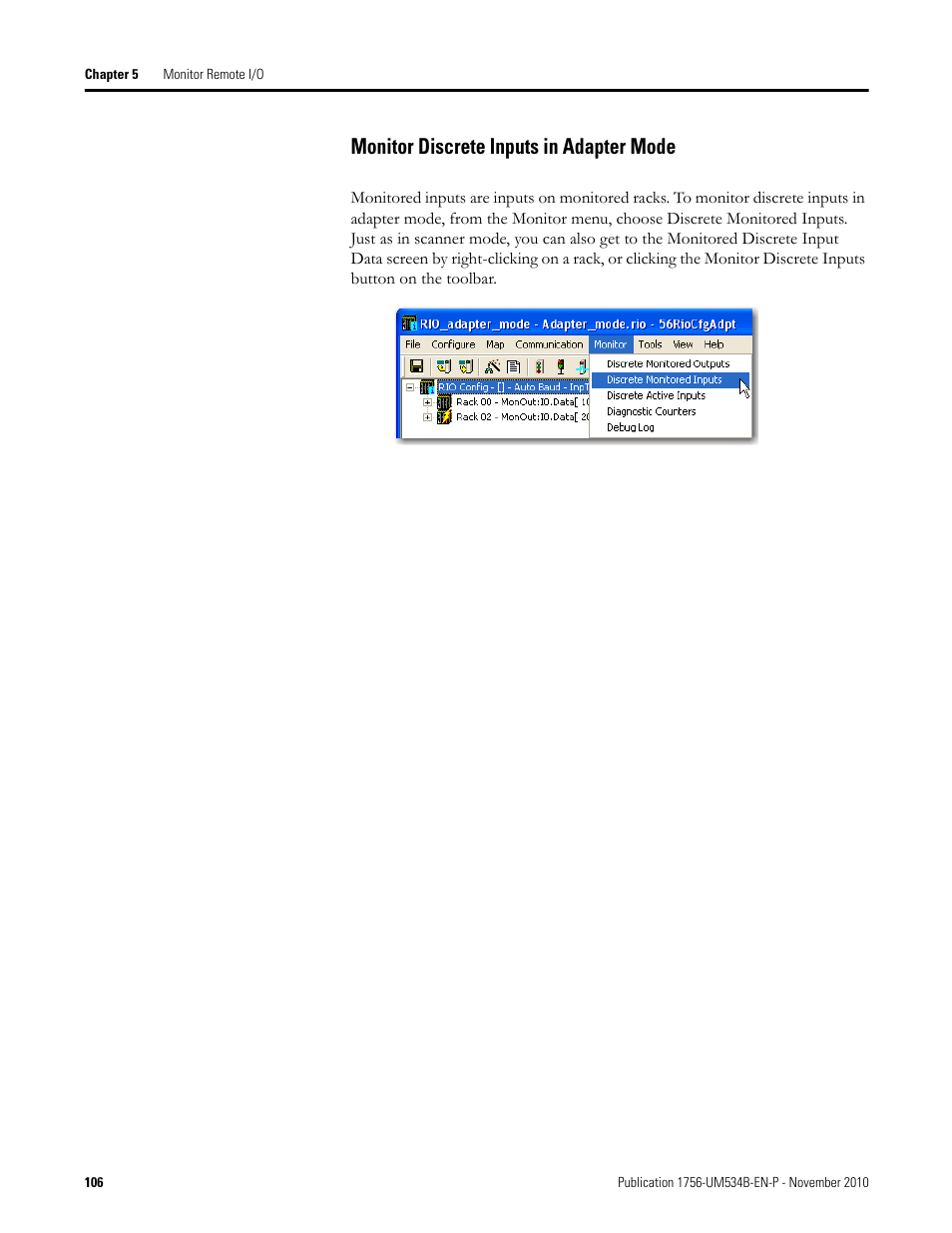 Monitor discrete inputs in adapter mode | Rockwell Automation 1756-RIO ControlLogix Remote I/O Communication Interface Module User Manual User Manual | Page 106 / 176