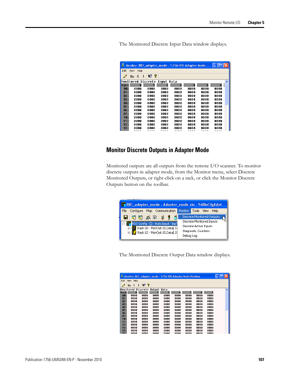 Monitor discrete outputs in adapter mode | Rockwell Automation 1756-RIO ControlLogix Remote I/O Communication Interface Module User Manual User Manual | Page 107 / 176