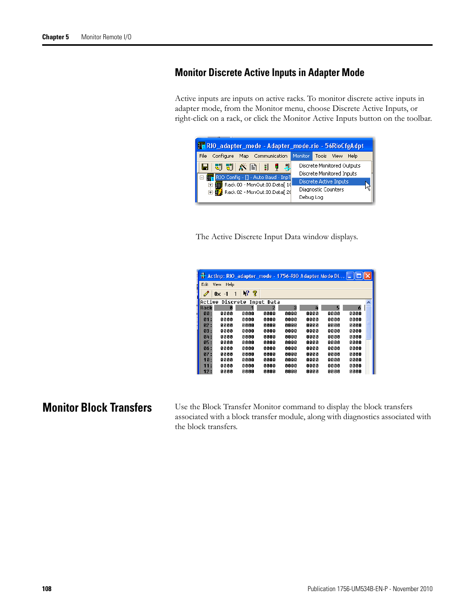 Monitor discrete active inputs in adapter mode, Monitor block transfers | Rockwell Automation 1756-RIO ControlLogix Remote I/O Communication Interface Module User Manual User Manual | Page 108 / 176