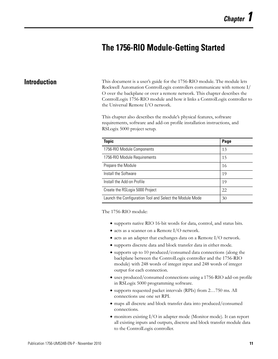 Chapter 1 - the 1756-rio module-getting started, Introduction, Chapter 1 | The 1756-rio module-getting started, Apter 1, Chapter | Rockwell Automation 1756-RIO ControlLogix Remote I/O Communication Interface Module User Manual User Manual | Page 11 / 176