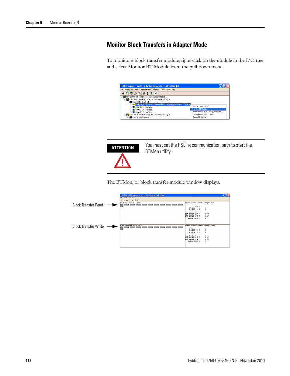 Monitor block transfers in adapter mode | Rockwell Automation 1756-RIO ControlLogix Remote I/O Communication Interface Module User Manual User Manual | Page 112 / 176