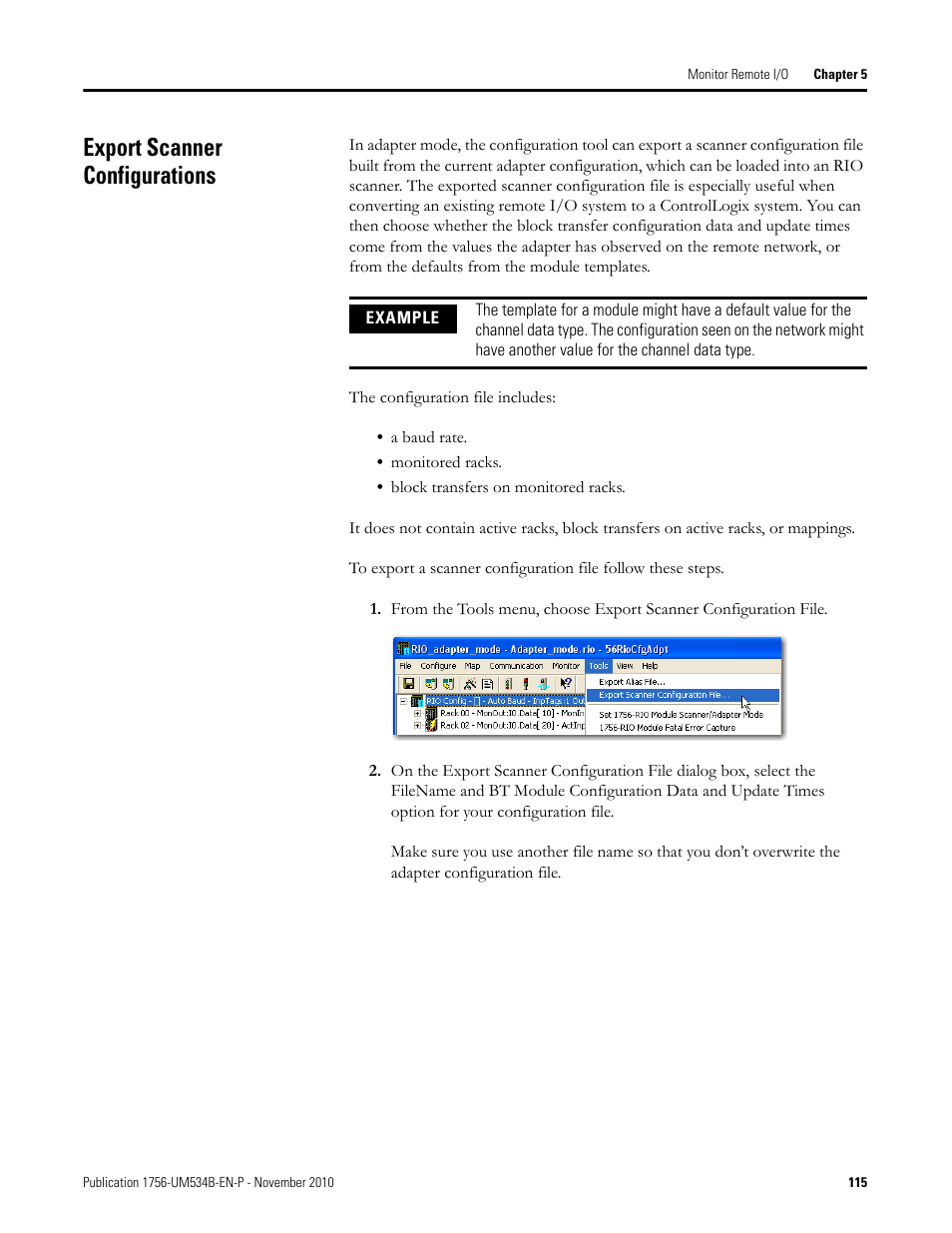Export scanner configurations | Rockwell Automation 1756-RIO ControlLogix Remote I/O Communication Interface Module User Manual User Manual | Page 115 / 176