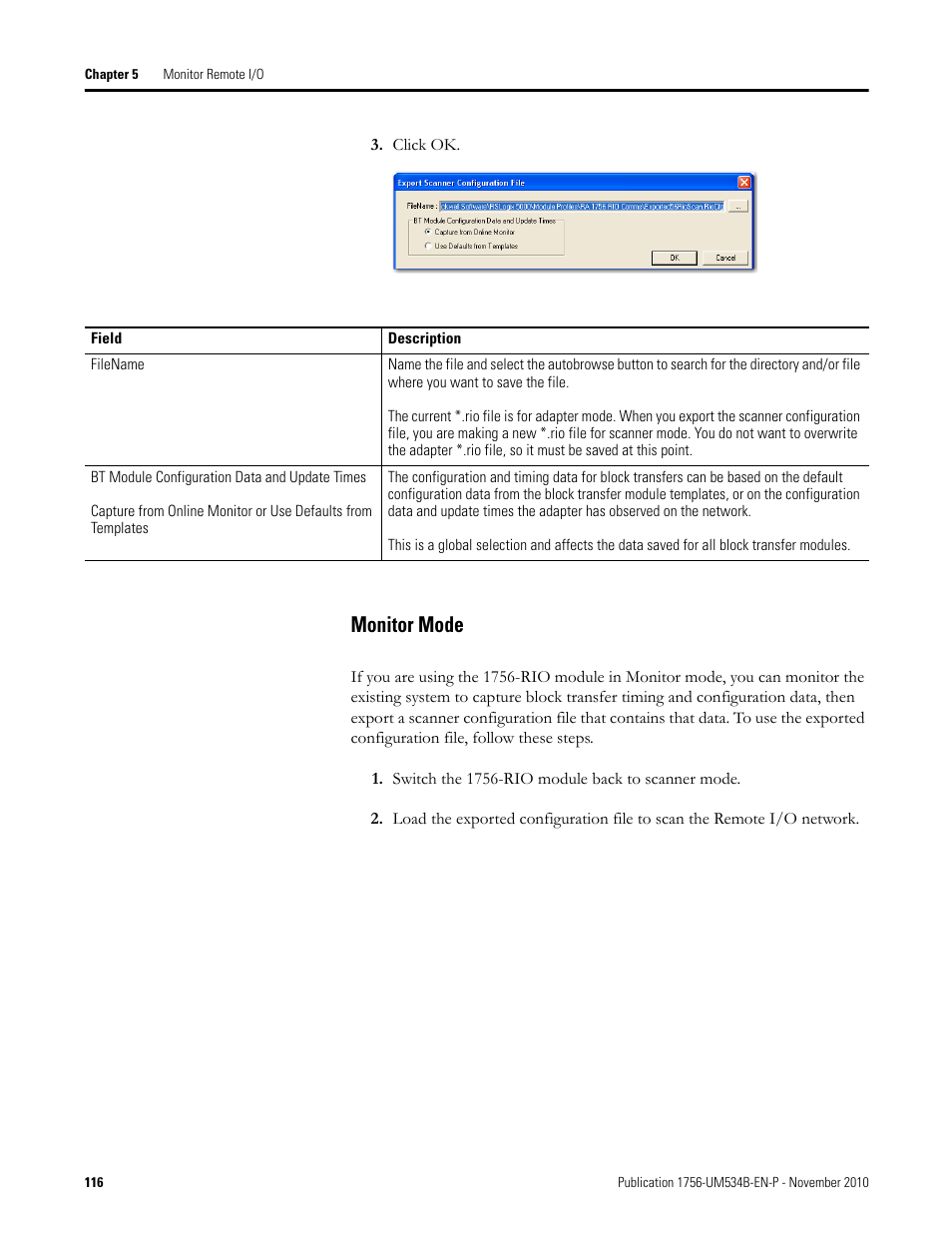 Monitor mode | Rockwell Automation 1756-RIO ControlLogix Remote I/O Communication Interface Module User Manual User Manual | Page 116 / 176