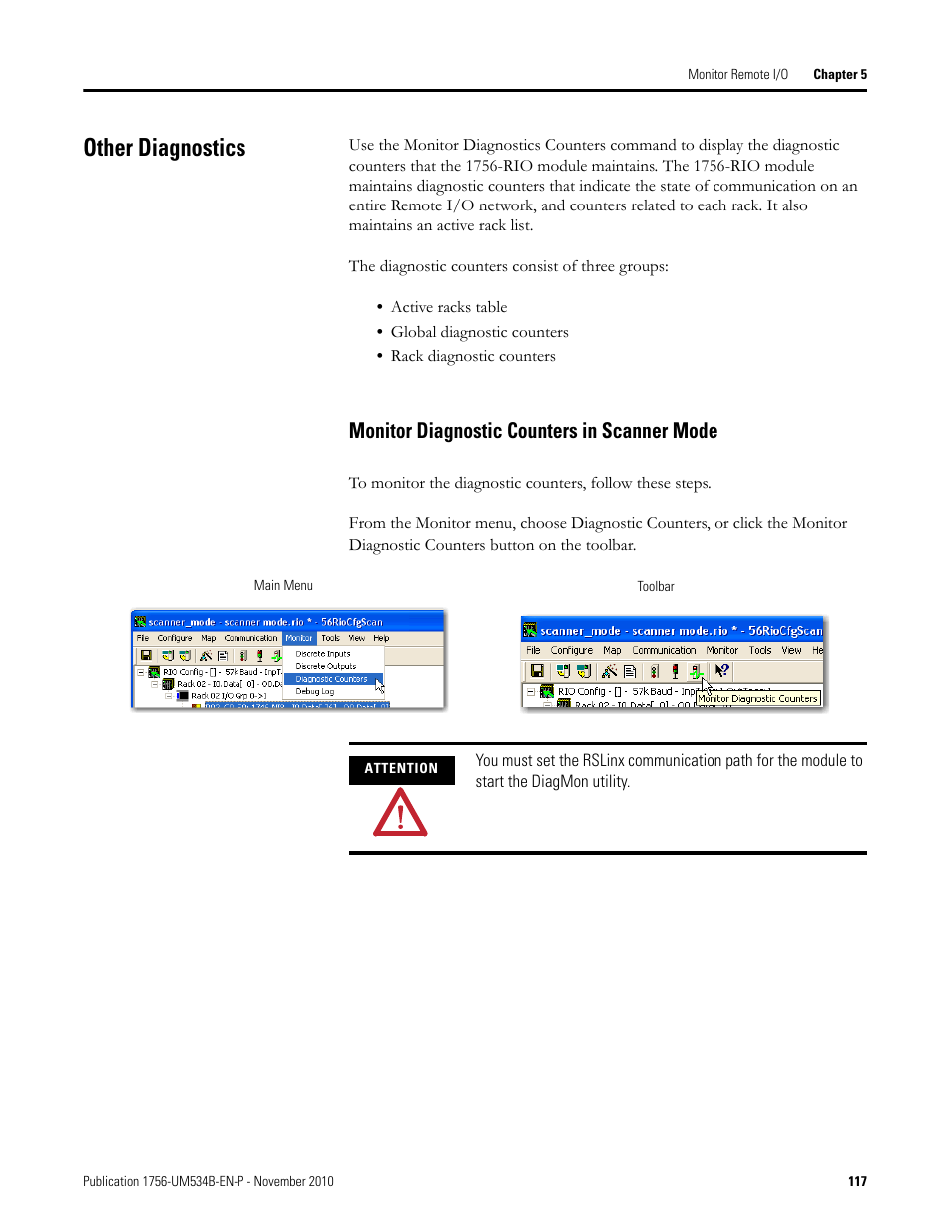 Other diagnostics, Monitor diagnostic counters in scanner mode | Rockwell Automation 1756-RIO ControlLogix Remote I/O Communication Interface Module User Manual User Manual | Page 117 / 176