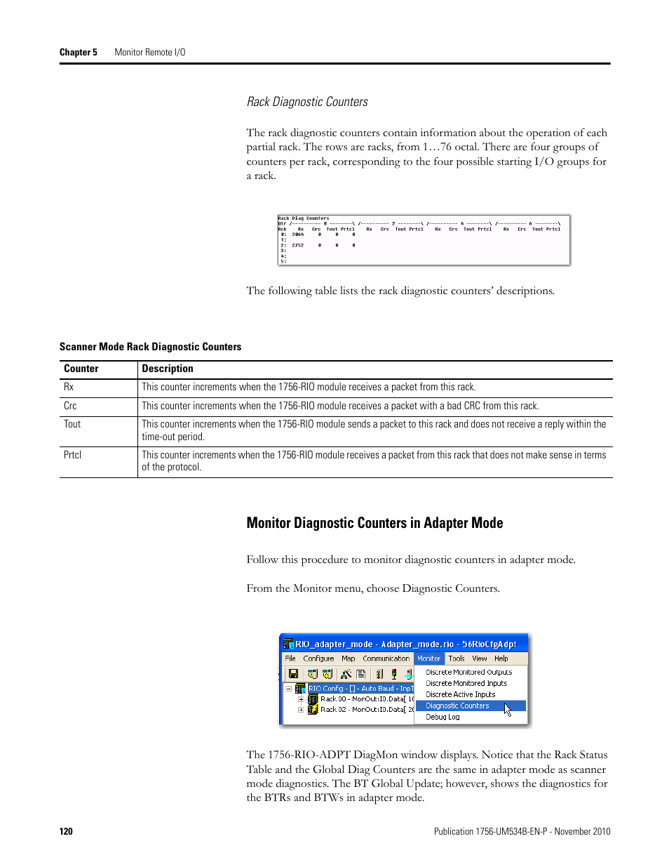 Monitor diagnostic counters in adapter mode | Rockwell Automation 1756-RIO ControlLogix Remote I/O Communication Interface Module User Manual User Manual | Page 120 / 176