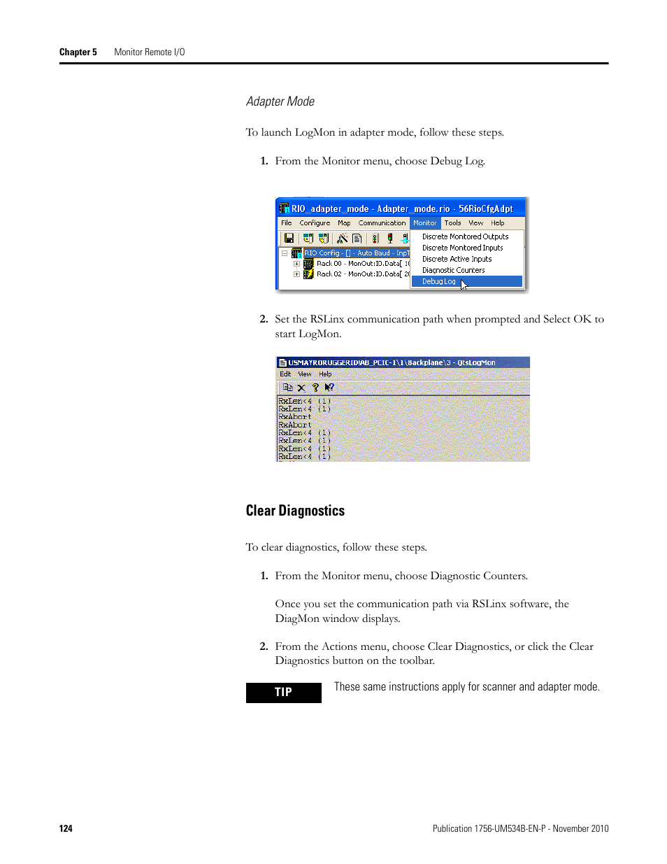 Clear diagnostics | Rockwell Automation 1756-RIO ControlLogix Remote I/O Communication Interface Module User Manual User Manual | Page 124 / 176