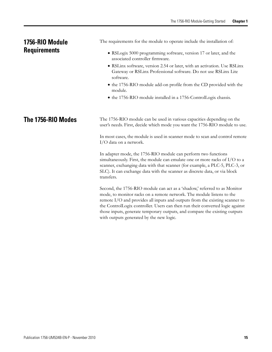 1756-rio module requirements, The 1756-rio modes, 1756-rio module requirements the 1756-rio modes | Rockwell Automation 1756-RIO ControlLogix Remote I/O Communication Interface Module User Manual User Manual | Page 15 / 176