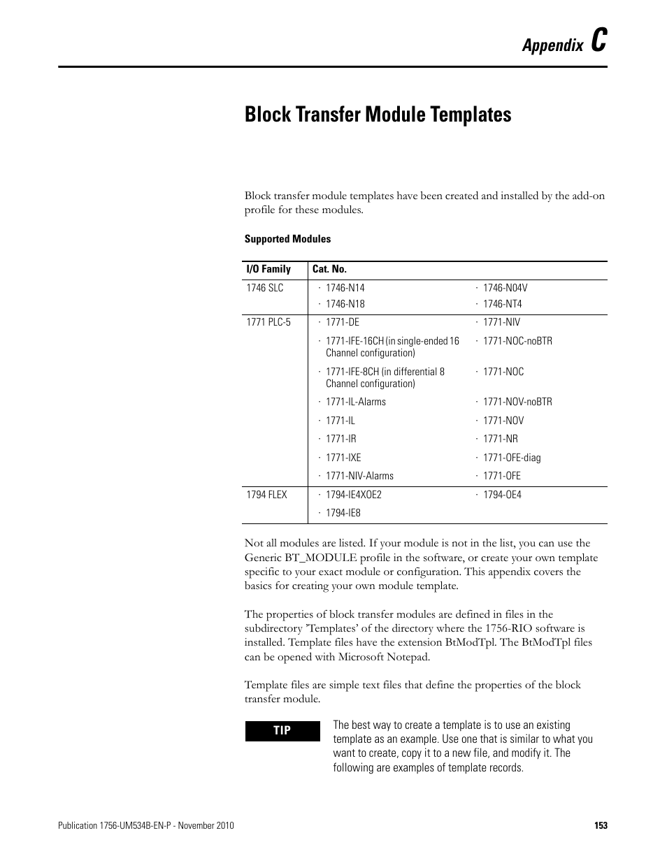 App c - block transfer module templates, Appendix c, Block transfer module templates | Appendix | Rockwell Automation 1756-RIO ControlLogix Remote I/O Communication Interface Module User Manual User Manual | Page 153 / 176