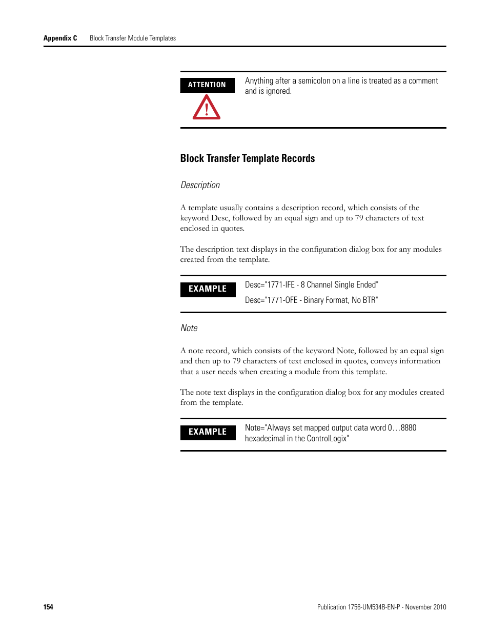 Block transfer template records | Rockwell Automation 1756-RIO ControlLogix Remote I/O Communication Interface Module User Manual User Manual | Page 154 / 176