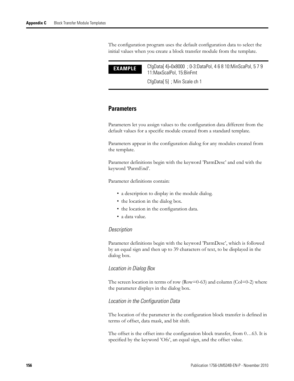 Parameters | Rockwell Automation 1756-RIO ControlLogix Remote I/O Communication Interface Module User Manual User Manual | Page 156 / 176