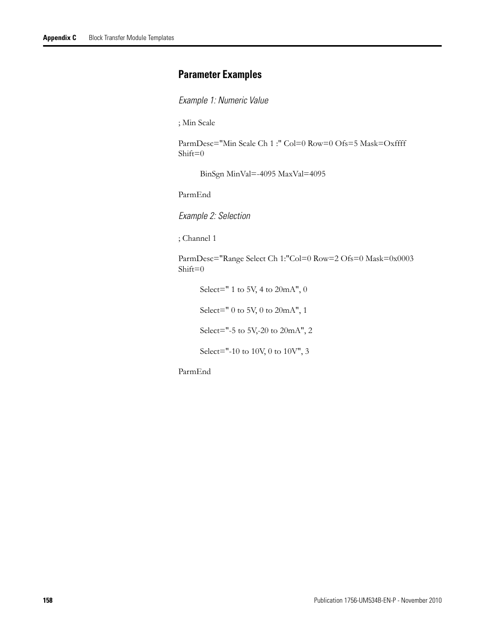 Parameter examples | Rockwell Automation 1756-RIO ControlLogix Remote I/O Communication Interface Module User Manual User Manual | Page 158 / 176