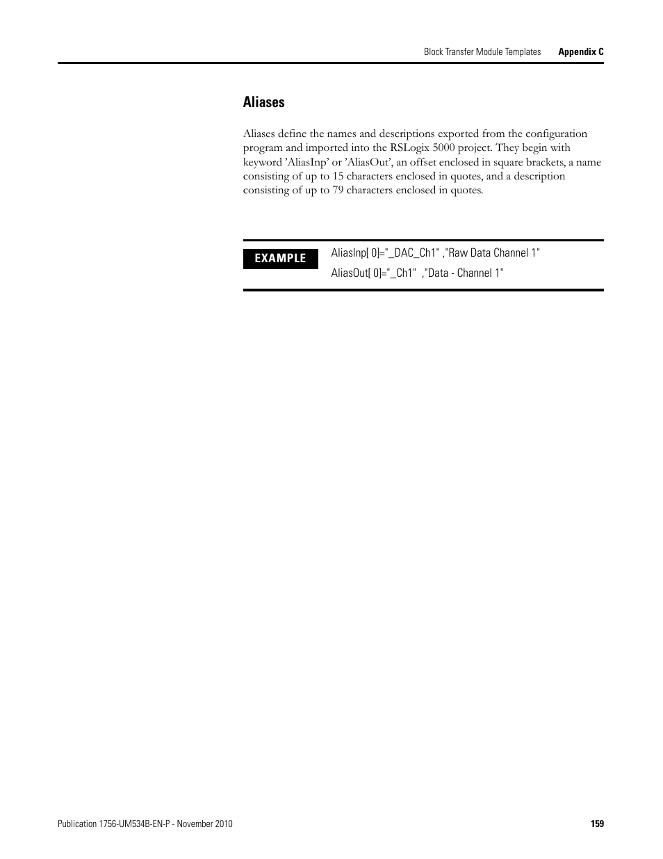 Aliases | Rockwell Automation 1756-RIO ControlLogix Remote I/O Communication Interface Module User Manual User Manual | Page 159 / 176