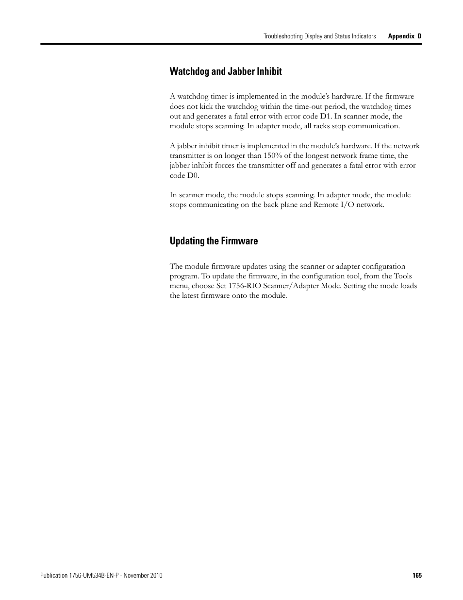 Watchdog and jabber inhibit, Updating the firmware, Watchdog and jabber inhibit updating the firmware | Rockwell Automation 1756-RIO ControlLogix Remote I/O Communication Interface Module User Manual User Manual | Page 165 / 176