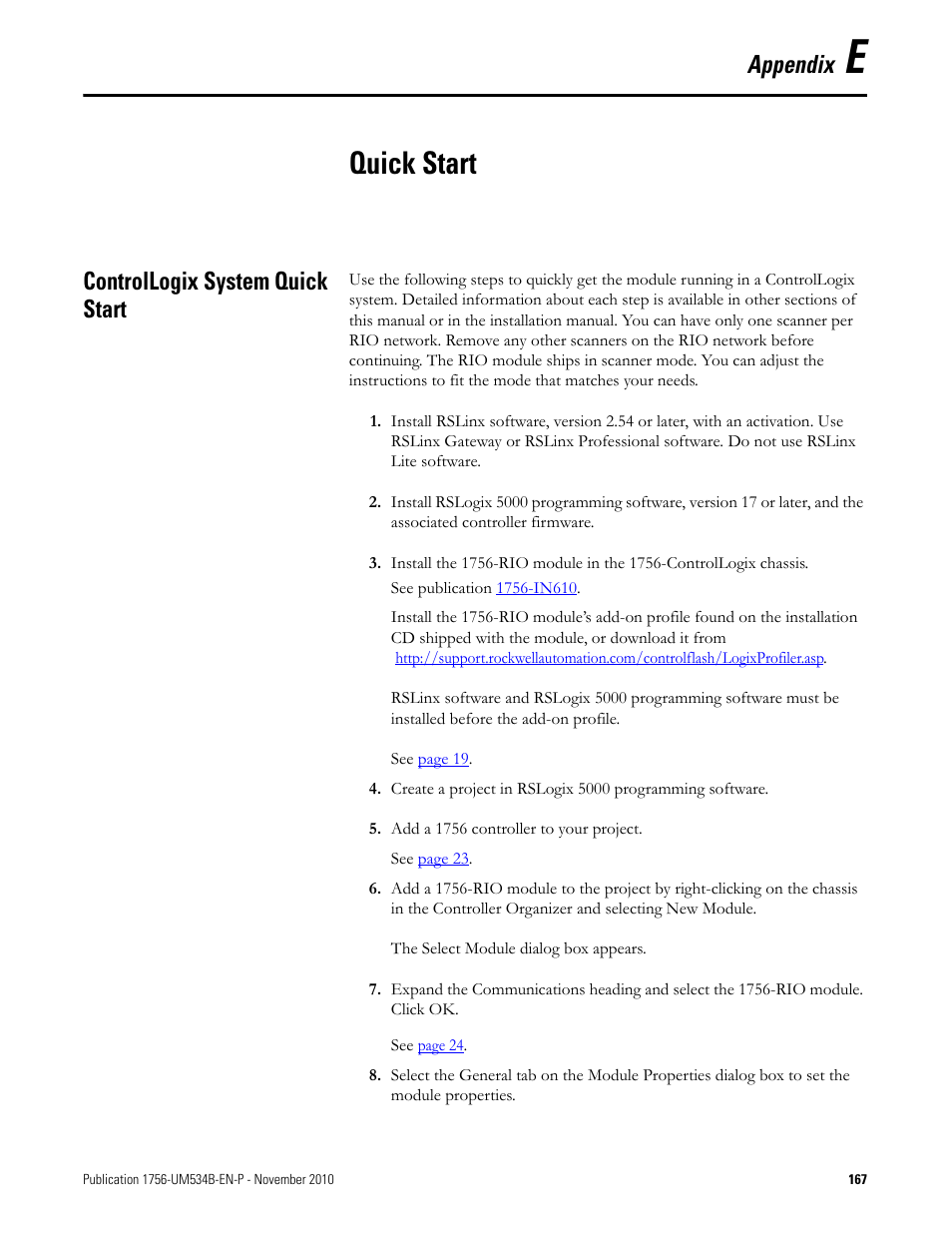 Quick start, Controllogix system quick start, Appendix e | Appendix | Rockwell Automation 1756-RIO ControlLogix Remote I/O Communication Interface Module User Manual User Manual | Page 167 / 176