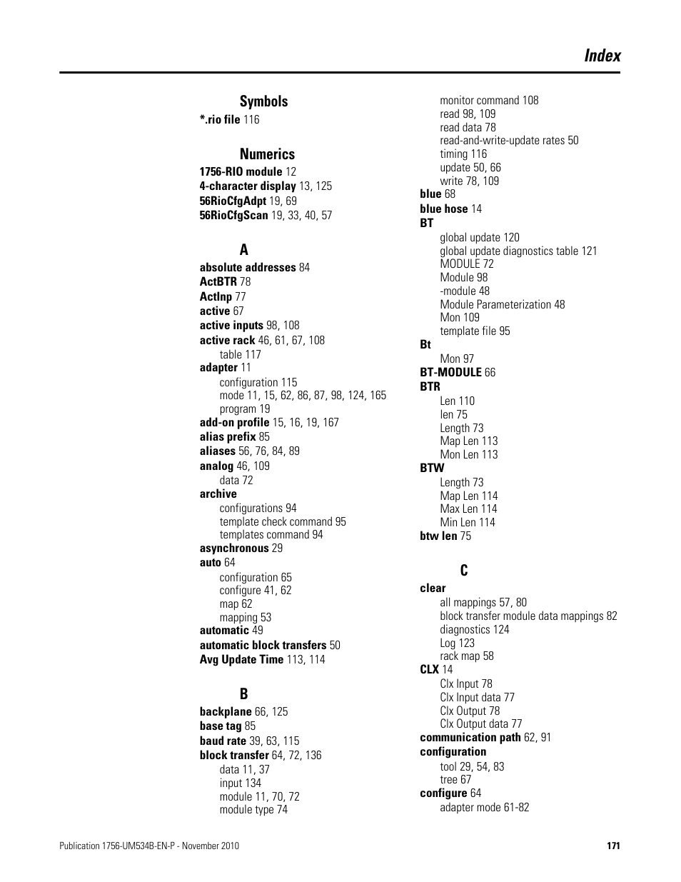 Index, Symbols, Numerics | Rockwell Automation 1756-RIO ControlLogix Remote I/O Communication Interface Module User Manual User Manual | Page 171 / 176