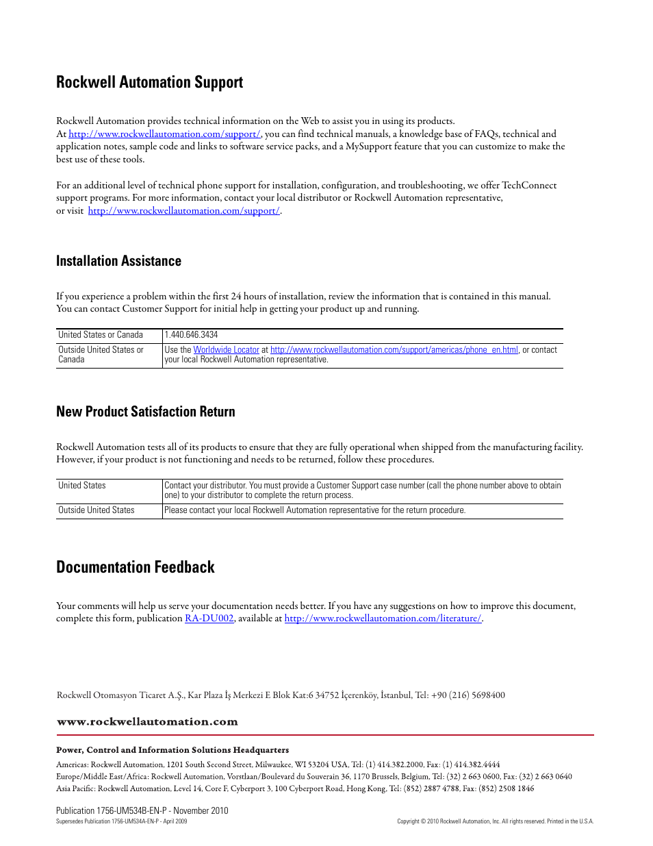 Back cover, Rockwell automation support, Documentation feedback | Installation assistance, New product satisfaction return | Rockwell Automation 1756-RIO ControlLogix Remote I/O Communication Interface Module User Manual User Manual | Page 176 / 176