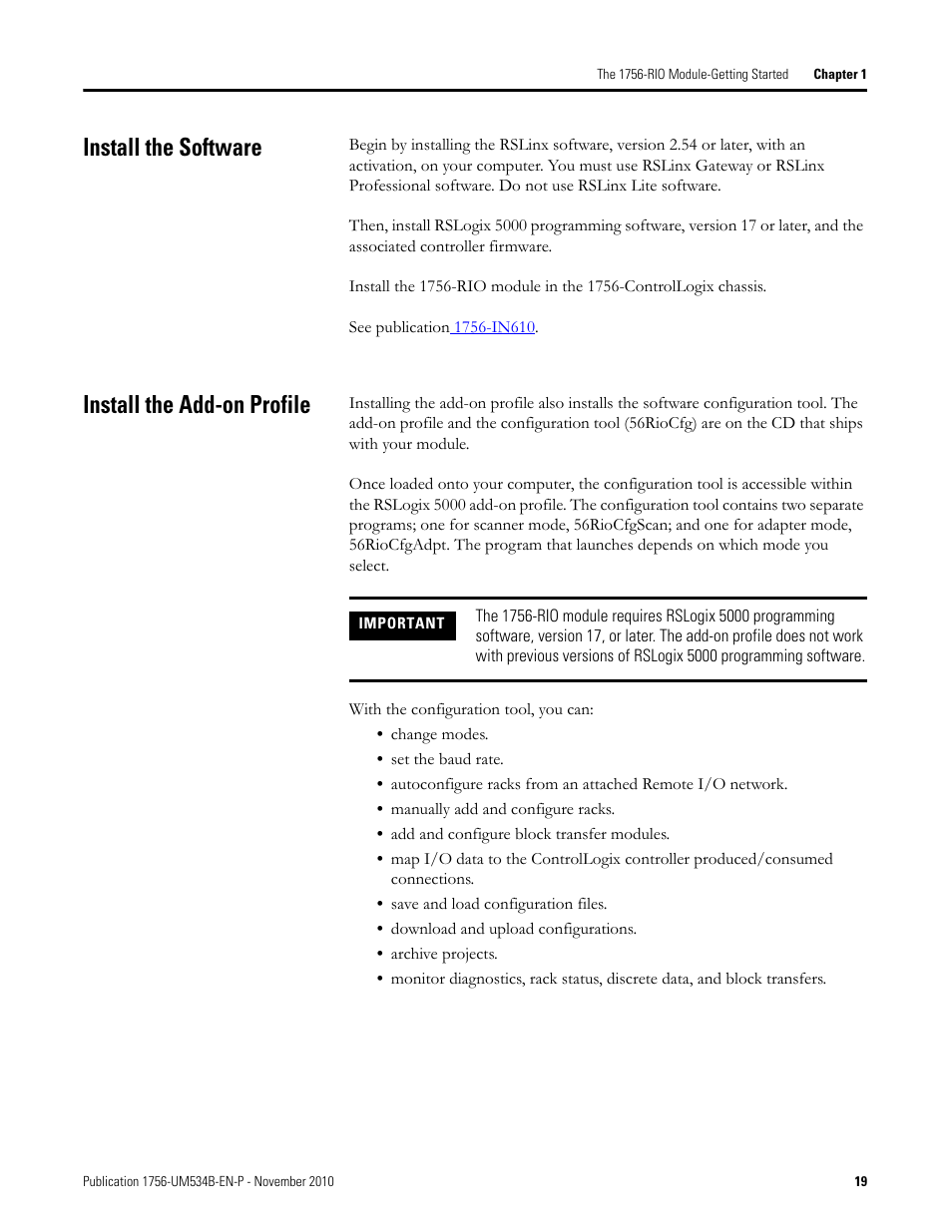 Install the software, Install the add-on profile, Install the software install the add-on profile | Rockwell Automation 1756-RIO ControlLogix Remote I/O Communication Interface Module User Manual User Manual | Page 19 / 176