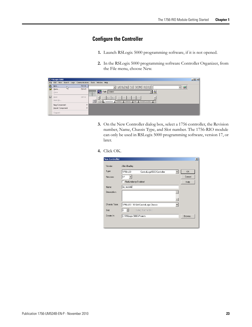 Configure the controller | Rockwell Automation 1756-RIO ControlLogix Remote I/O Communication Interface Module User Manual User Manual | Page 23 / 176