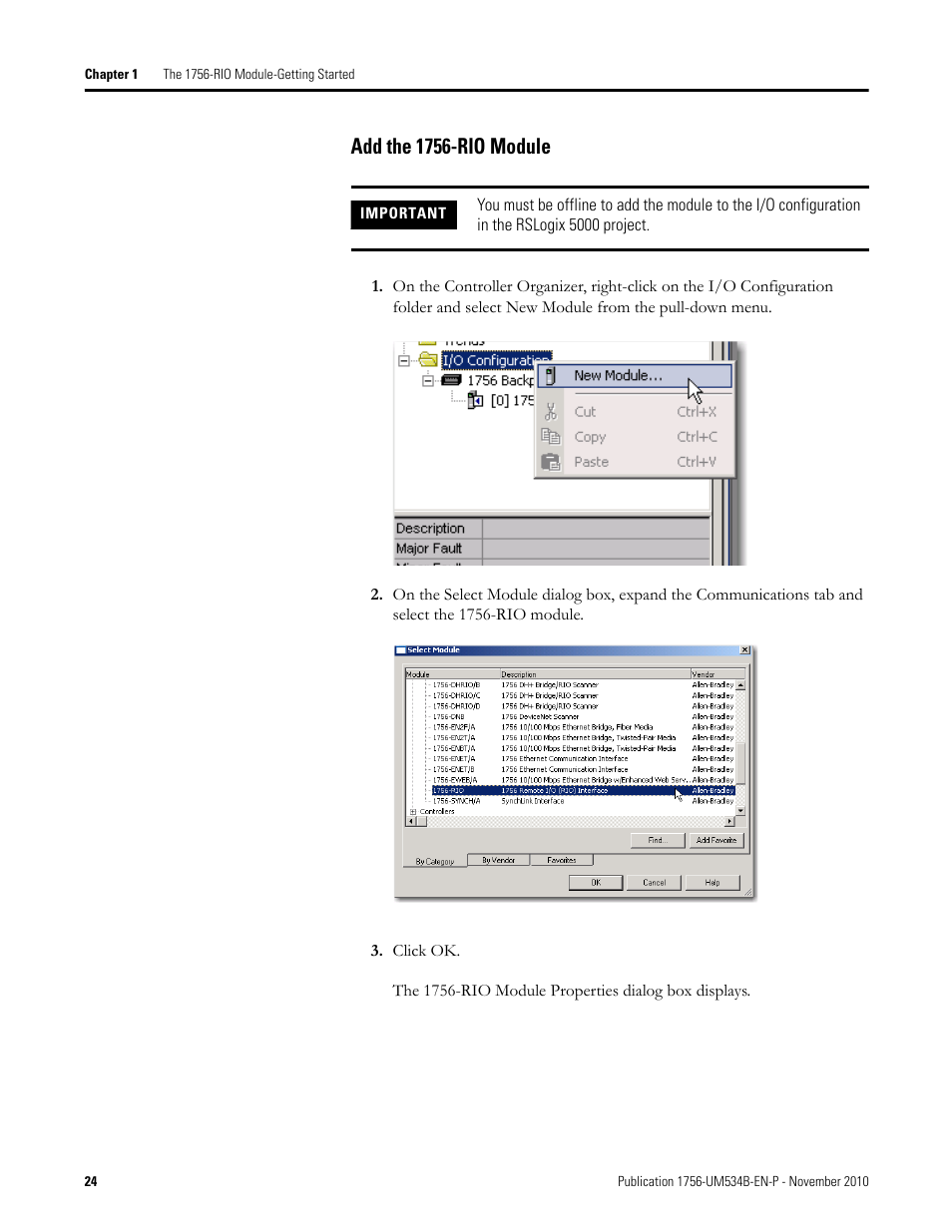 Add the 1756-rio module | Rockwell Automation 1756-RIO ControlLogix Remote I/O Communication Interface Module User Manual User Manual | Page 24 / 176