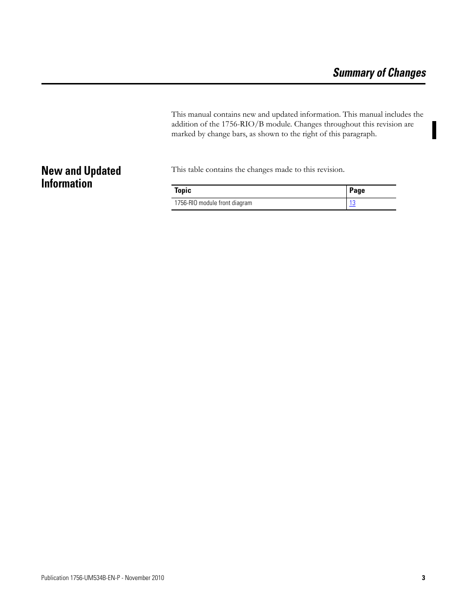 Summary of changes, New and updated information | Rockwell Automation 1756-RIO ControlLogix Remote I/O Communication Interface Module User Manual User Manual | Page 3 / 176