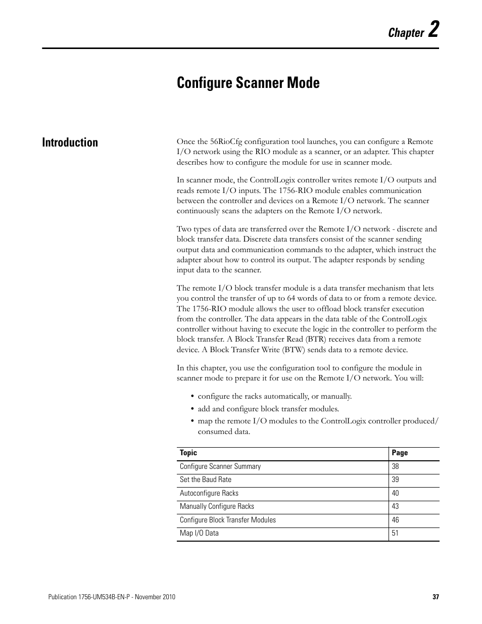 Chapter 2 - configure scanner mode, Introduction, Chapter 2 | Configure scanner mode, Rs 2, Chapter | Rockwell Automation 1756-RIO ControlLogix Remote I/O Communication Interface Module User Manual User Manual | Page 37 / 176
