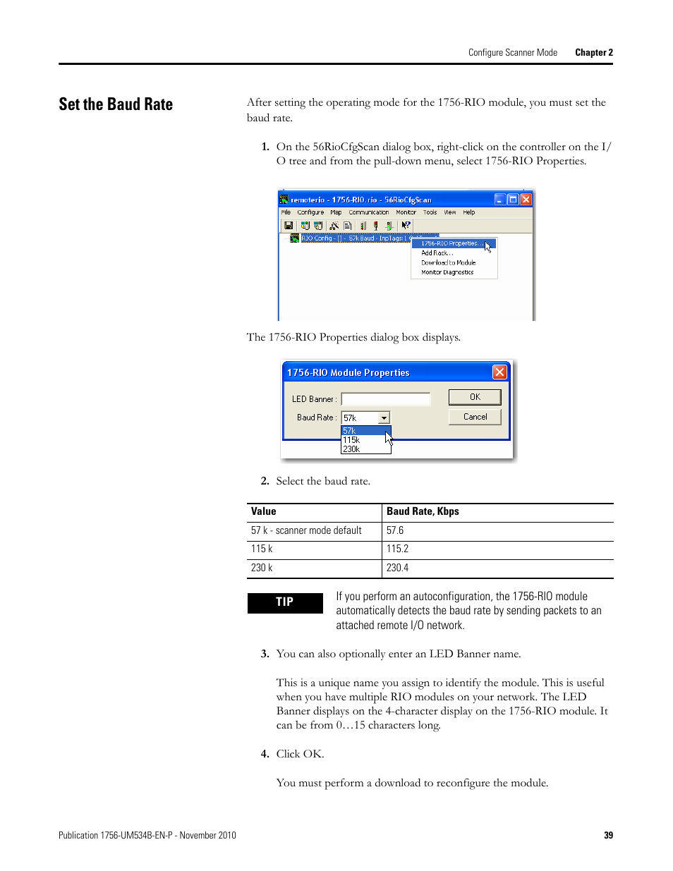 Set the baud rate | Rockwell Automation 1756-RIO ControlLogix Remote I/O Communication Interface Module User Manual User Manual | Page 39 / 176
