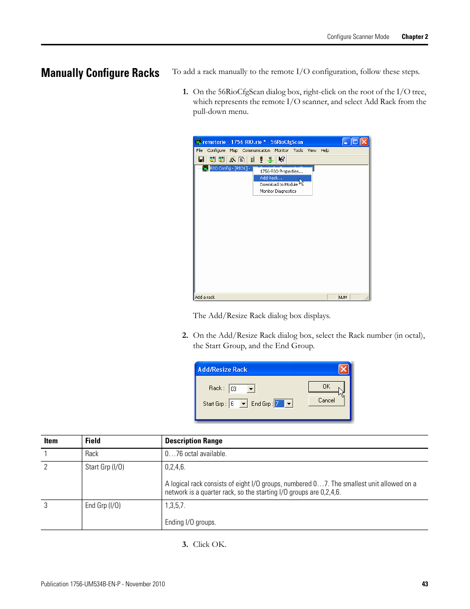 Manually configure racks | Rockwell Automation 1756-RIO ControlLogix Remote I/O Communication Interface Module User Manual User Manual | Page 43 / 176