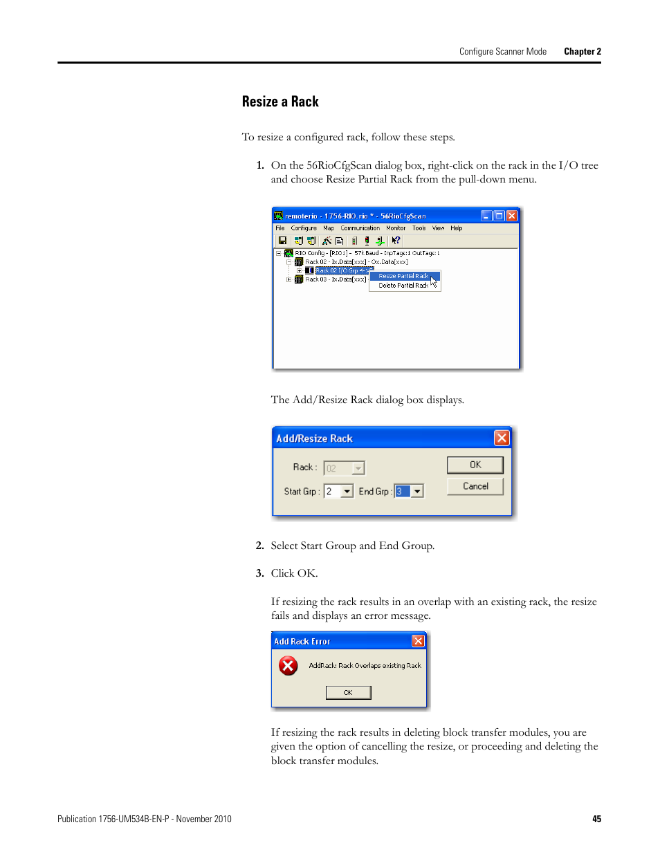 Resize a rack | Rockwell Automation 1756-RIO ControlLogix Remote I/O Communication Interface Module User Manual User Manual | Page 45 / 176