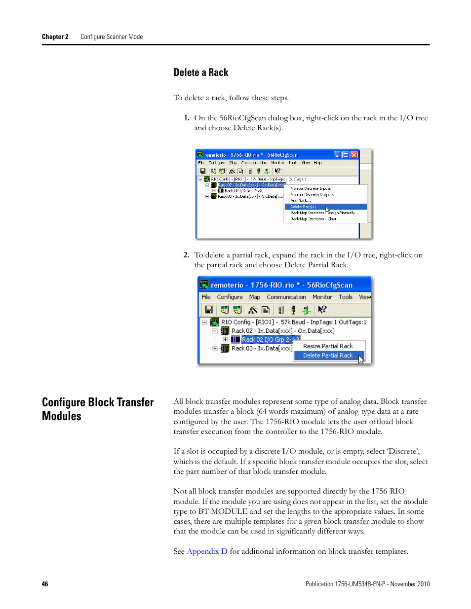 Delete a rack, Configure block transfer modules | Rockwell Automation 1756-RIO ControlLogix Remote I/O Communication Interface Module User Manual User Manual | Page 46 / 176