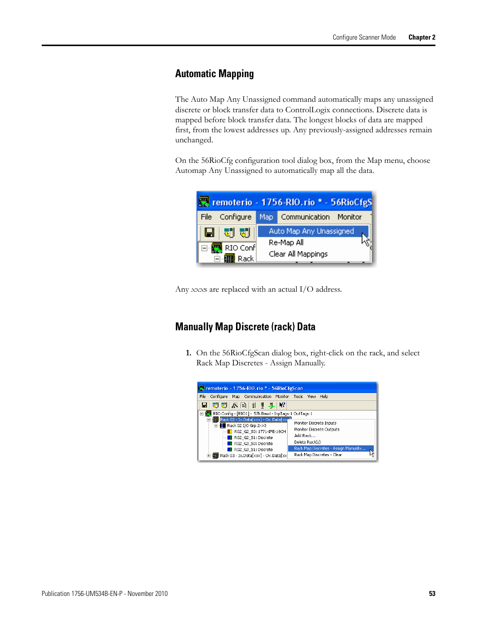 Automatic mapping, Manually map discrete (rack) data | Rockwell Automation 1756-RIO ControlLogix Remote I/O Communication Interface Module User Manual User Manual | Page 53 / 176