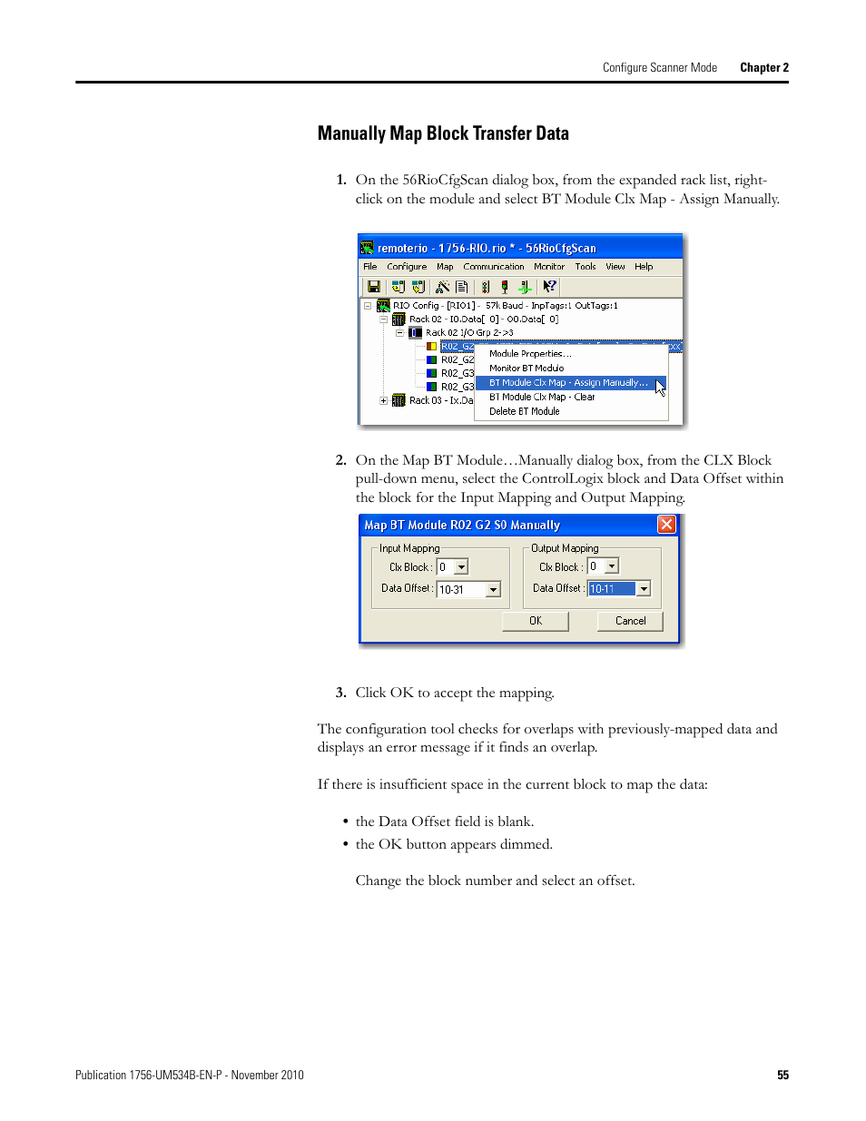 Manually map block transfer data | Rockwell Automation 1756-RIO ControlLogix Remote I/O Communication Interface Module User Manual User Manual | Page 55 / 176