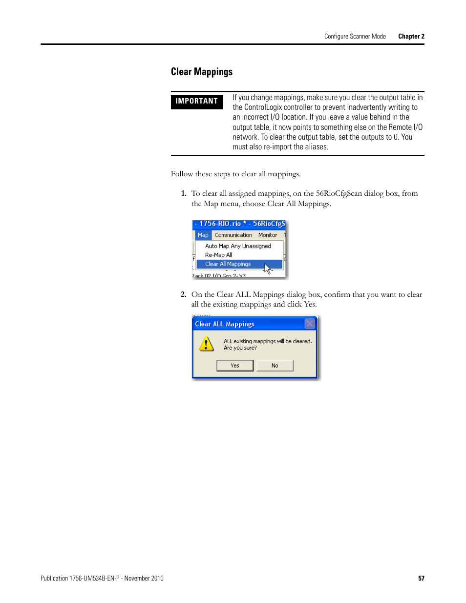 Clear mappings | Rockwell Automation 1756-RIO ControlLogix Remote I/O Communication Interface Module User Manual User Manual | Page 57 / 176