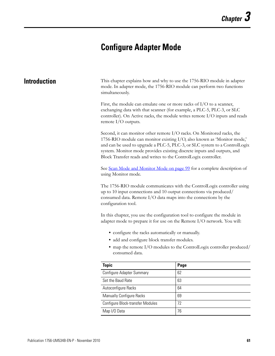 Chapter 3 - configure adapter mode, Introduction, Chapter 3 | Configure adapter mode, Chapter | Rockwell Automation 1756-RIO ControlLogix Remote I/O Communication Interface Module User Manual User Manual | Page 61 / 176