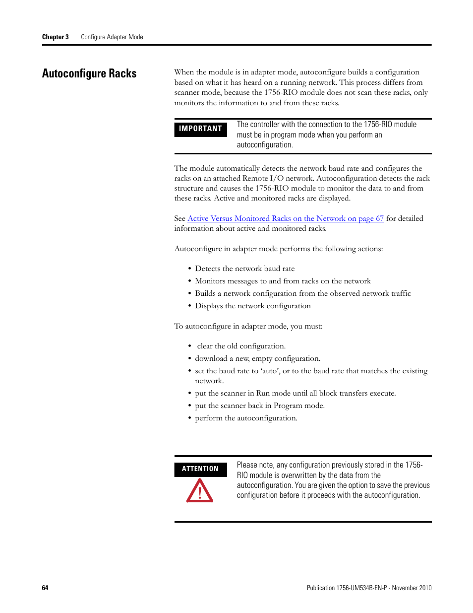 Autoconfigure racks | Rockwell Automation 1756-RIO ControlLogix Remote I/O Communication Interface Module User Manual User Manual | Page 64 / 176