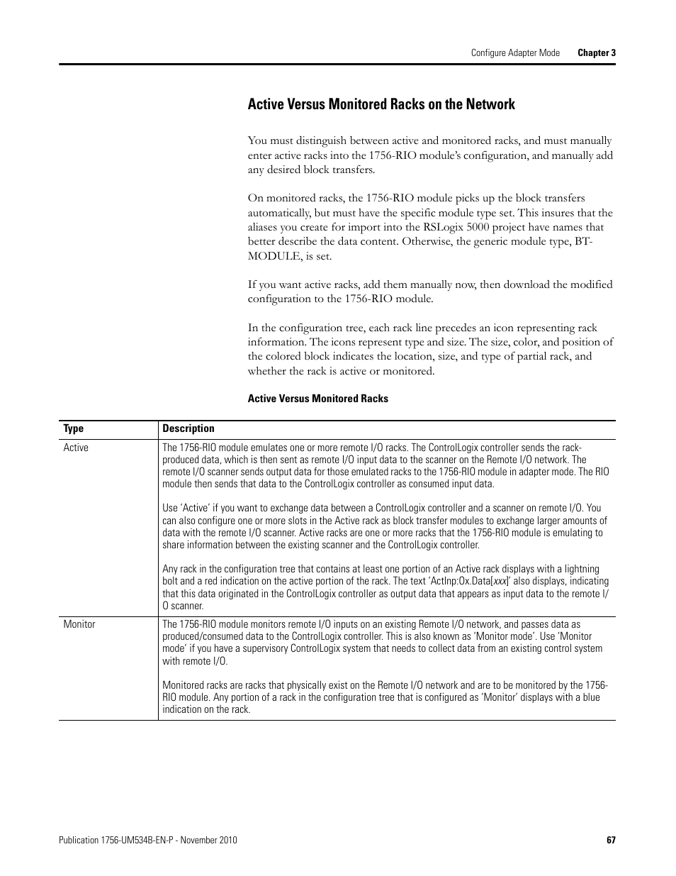 Active versus monitored racks on the network | Rockwell Automation 1756-RIO ControlLogix Remote I/O Communication Interface Module User Manual User Manual | Page 67 / 176