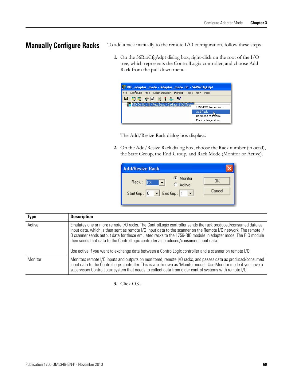 Manually configure racks | Rockwell Automation 1756-RIO ControlLogix Remote I/O Communication Interface Module User Manual User Manual | Page 69 / 176