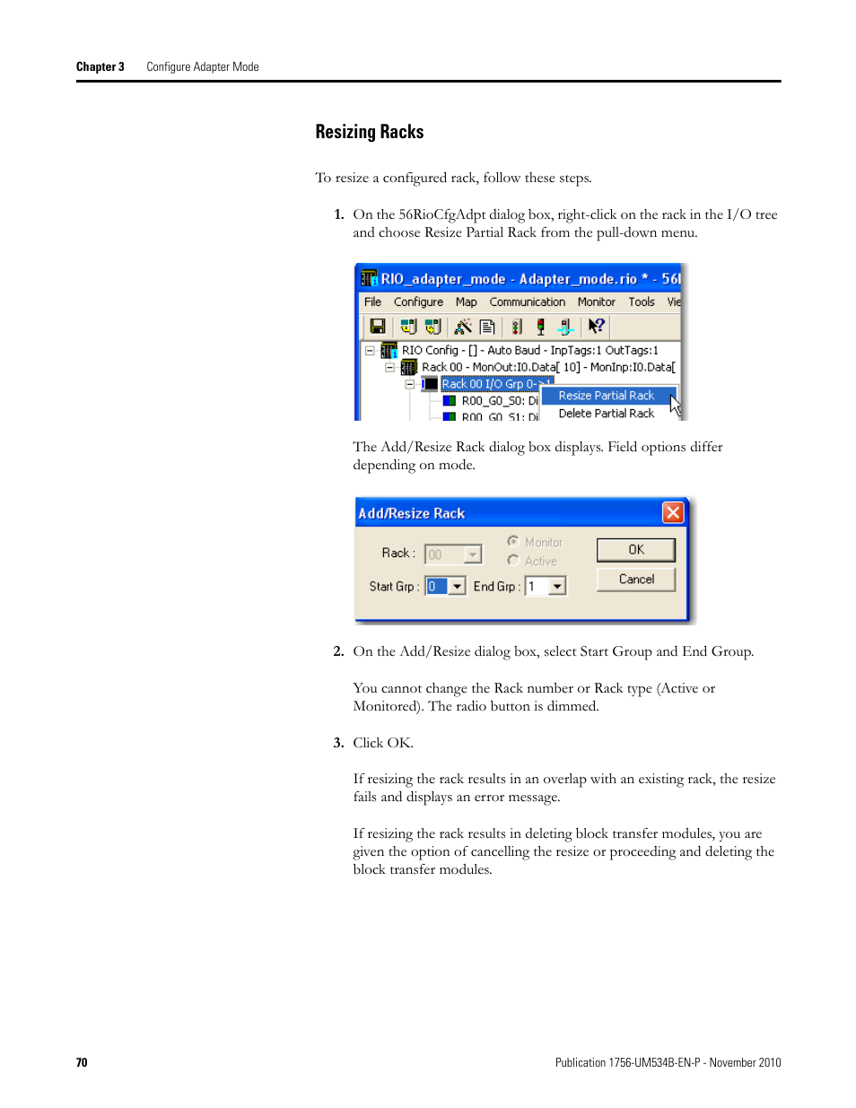 Resizing racks | Rockwell Automation 1756-RIO ControlLogix Remote I/O Communication Interface Module User Manual User Manual | Page 70 / 176