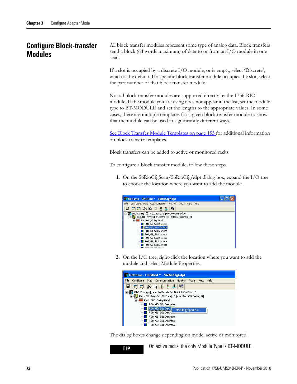 Configure block-transfer modules | Rockwell Automation 1756-RIO ControlLogix Remote I/O Communication Interface Module User Manual User Manual | Page 72 / 176