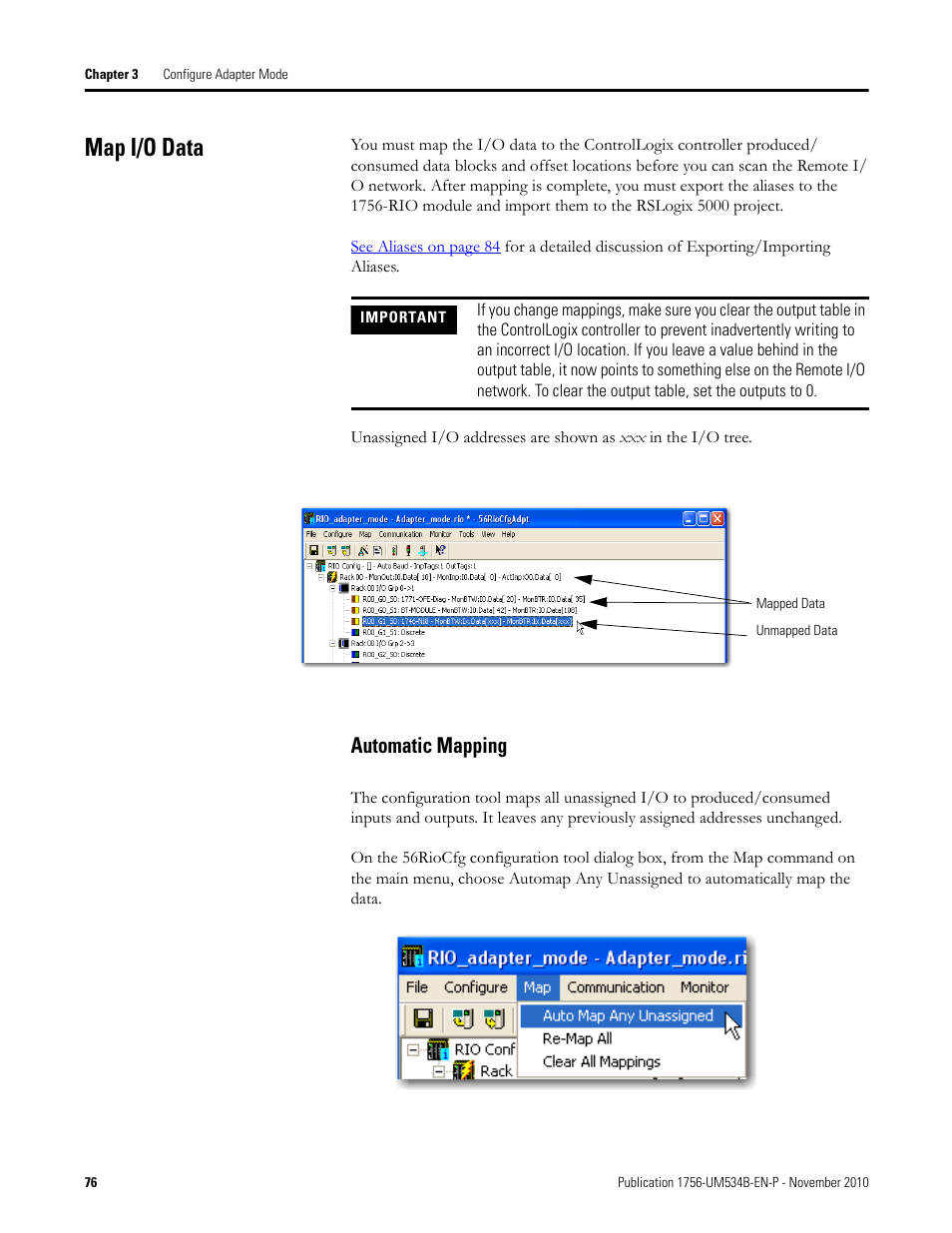 Map i/o data, Automatic mapping | Rockwell Automation 1756-RIO ControlLogix Remote I/O Communication Interface Module User Manual User Manual | Page 76 / 176