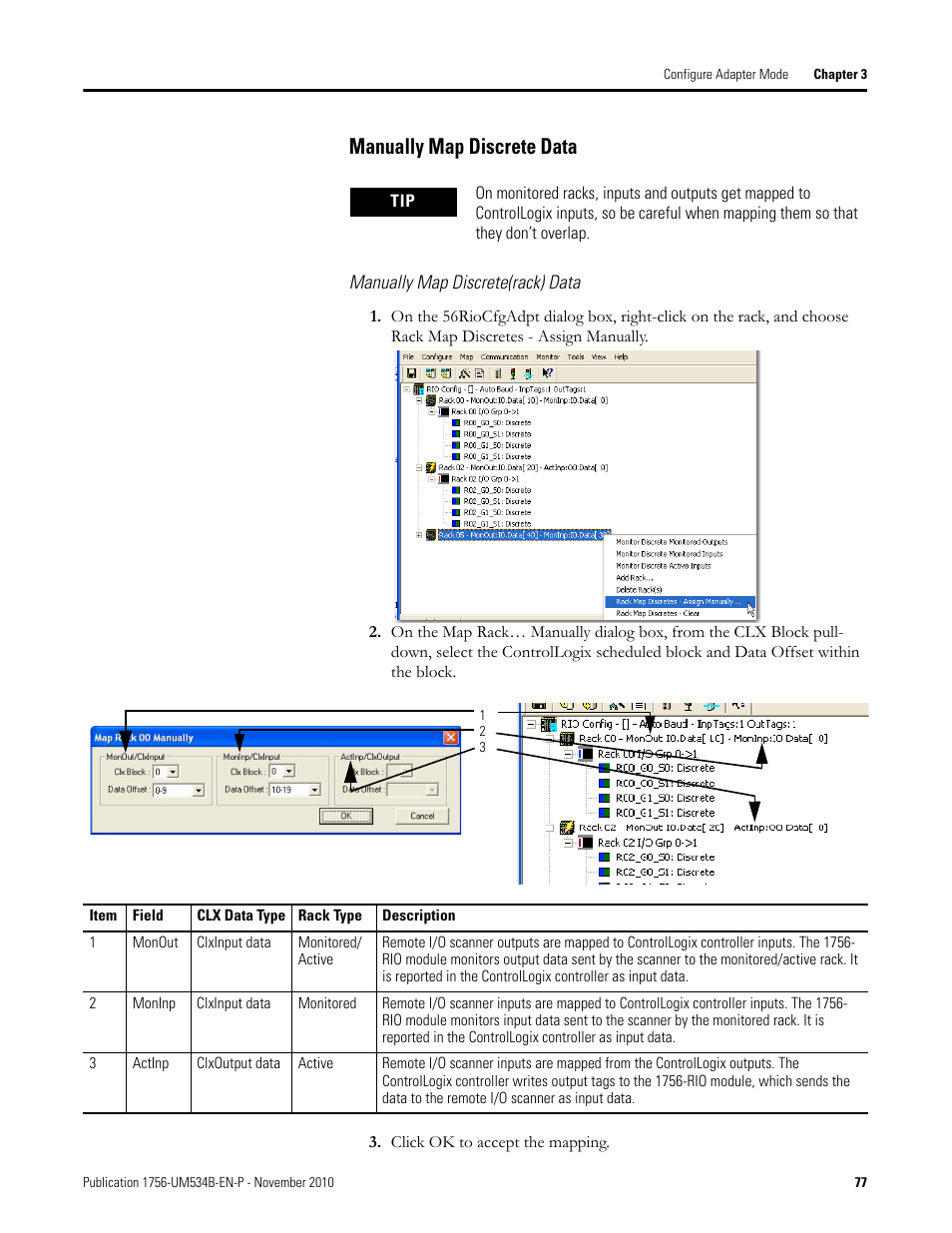 Manually map discrete data | Rockwell Automation 1756-RIO ControlLogix Remote I/O Communication Interface Module User Manual User Manual | Page 77 / 176