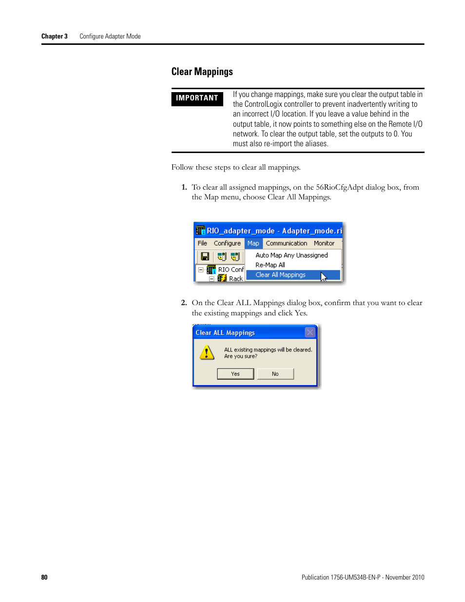 Clear mappings | Rockwell Automation 1756-RIO ControlLogix Remote I/O Communication Interface Module User Manual User Manual | Page 80 / 176