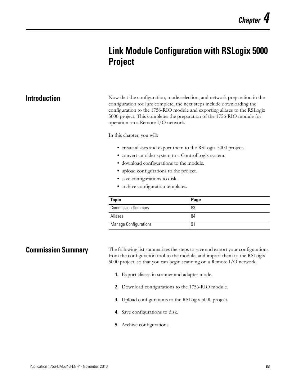 Introduction, Commission summary, Chapter 4 | Introduction commission summary, Ter 4, Chapter | Rockwell Automation 1756-RIO ControlLogix Remote I/O Communication Interface Module User Manual User Manual | Page 83 / 176