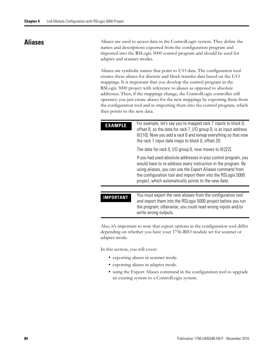 Aliases | Rockwell Automation 1756-RIO ControlLogix Remote I/O Communication Interface Module User Manual User Manual | Page 84 / 176